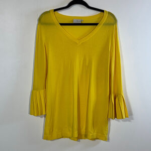Kaffe Sella Pullover Blouse Women’s Medium Yellow V-Neck Pleated Bell Sleeves